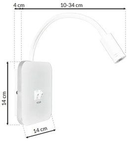 LED Flexibilná nástenná lampička s USB BASE 1xLED/8W + 1xLED/2W/230V biela
