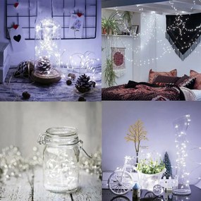 SPRINGOS LED reťaz Nano - 10m, 100LED, 8 funkcií, ovládač, 3xAA, IP44, studená biela