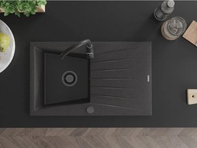Mexen Cesar, granitový drez 775x470x190 mm, 1-komorový, čierna škvrnitá s čiernym sifónom, 6514771010-76-B