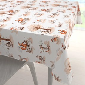 Biante Detský bavlnený štvorcový obrus Sandra SA-696 Líšky na bicykloch - hnedé na bielom 60x60 cm