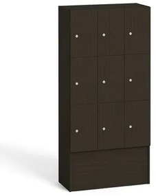 Drevená odkladacia skrinka s úložnými boxami, 9 boxov, 1700 x 900 x 420 mm, cylindrický zámok, wenge