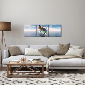 Obraz motýľa na sklenenej guli (s hodinami) (90x30 cm)