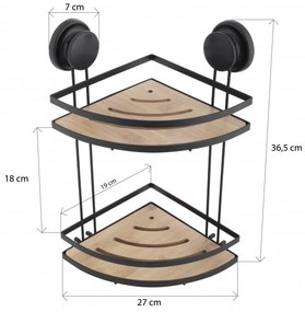 Erga Gavi, rohová dvojitá polička 26,5x19x36,5 cm na prísavky, čierna matná-prírodná hnedá, ERG-YKA-CH.GAVI-BN2