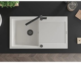 Mexen Leo, 1-komorový granitový drez 900x500x190 mm a drezová batéria Flora, biela, 6501-20-670401-70-B