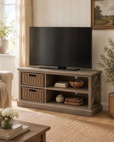 Drevený televízny stolík s 2 košíky Jerome - 120 * 49 * 51 cm