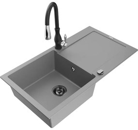 Mexen Leo, 1-komorový granitový drez 900x500x190 mm a drezová batéria Savita, šedá, 6501-71-672601-70-B