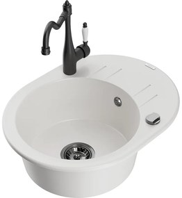 Mexen Kevin, drez granitový 586x458x190 mm, 1-komorový a drezová batéria Carla, biela, 6517-20-670700-70