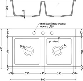 Mexen Hektor, 2-komorový granitový drez 800x480x205 mm, čierna, grafitový sifón, 6521802000-77-B