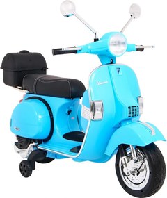 Ramiz Elektrický skúter Vespa pre deti modrý + pomocné kolieska + audio + ekokoža + EVA + plynulý štart