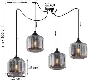 Závesné svietidlo Riffle Spider, 4x grafitové sklenené tienidlo