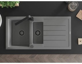 Mexen Andres, granitový drez 1000x500x200 mm, 1,5-komorový, šedá s čiernym sifónom a čierna drezová batéria Rita, 6515-71-670300-70-B