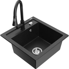Mexen Vito, 1-komorový granitový drez 490x520x210 mm a drezová batéria Elia, čierna-strieborná metalíza, 6503-73-670101-70