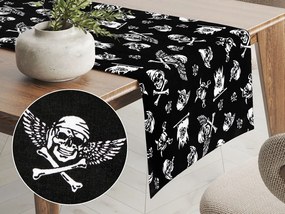 Biante Detský bavlnený behúň na stôl Sandra SA-104 Biele pirátske lebky na čiernom 45x140 cm