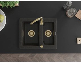 Mexen Carlos, granitový drez 582x475x177 mm, 1,5-komorový, čierna-zlatá metalíza so zlatým sifónom, 6518581500-75-G