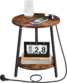 Kulatý odkládací stolek Vasagle Leky 40 cm s nabíjecí stanicí hnědý/černý