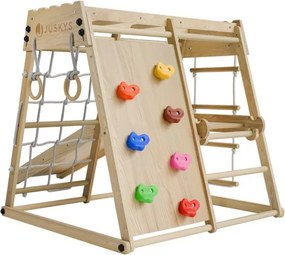 Detské vnútorné drevené ihrisko so šmykľavkou, lezeckou sten