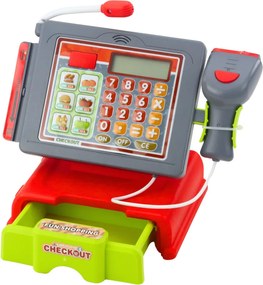 LEAN Toys Detská pokladňa s príslušenstvom, košík s ovocím, svetlá a zvuky, červená