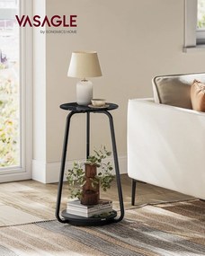 Okrúhly príručný stolík, so sklenenou doskou a poličkou z drevotriesky, mramorová čierna