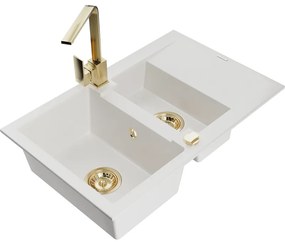 Mexen Gaspar, granitový drez 737x475x177 mm, 1,5-komorový a zlatá batéria Rita, biela, 6507-20-670300-50