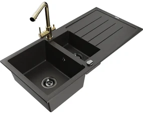 Mexen Andres, granitový drez 1000x500x200 mm, 1,5-komorový + zlatá batéria Duero, čierna-zlatá metalíza, 6515-75-671600-50-B