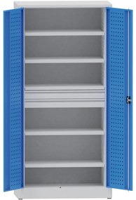 Dielenská kovová skriňa na náradie KOVONA, 4 police, 2 zásuvky, zváraná, nosnosť 80 kg, 950 x 500 x 1950 mm
