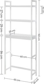 Nastaviteľná bambusová polica do kúpeľne, 63 x 26 x 163 cm, biela