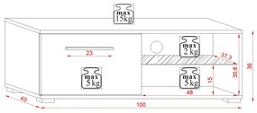 Televízny stolík Moon s LED osvetlením 100 cm biely mat/sivý lesk