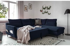 Tmavomodrá zamatová rozkladacia rohová pohovka Miuform Stylish Stan L, pravý roh