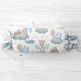 Biante Detský vankúš valec bonbon Sandra SA-689 Dráčikovia s medvedíkmi na modrozelených obláčikoch na bielom 15x60 cm