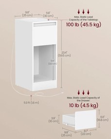 Úzky nočný stolík s nabíjacou stanicou a LED svetlom, s USB portami, biely