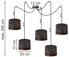 Závesné svietidlo Werona Spider, 5x čierne textilné tienidlo so vzorom, c