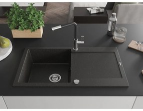 Mexen Leo, 1-komorový granitový drez 900x500x190 mm a drezová batéria Flora, čierna-zlatá metalíza, 6501-75-670401-07