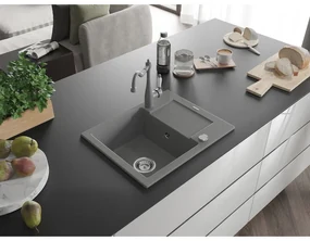 Mexen Enzo, granitový drez 576x465x174 mm, 1-komorový a drezová batéria Carla, šedá, 6506-71-670700-71