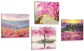 Set obrazov nádherná imitácia olejomaľby v ružovej farbe - 4x 60x60