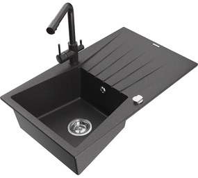 Mexen Cesar, granitový drez 775x470x190 mm, 1-komorový a čierna škvrnitá batéria Duero, čierna škvrnitá, 6514-76-671600-76