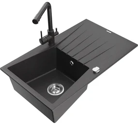 Mexen Cesar, granitový drez 775x470x190 mm, 1-komorový a čierna škvrnitá batéria Duero, čierna škvrnitá, 6514-76-671600-76