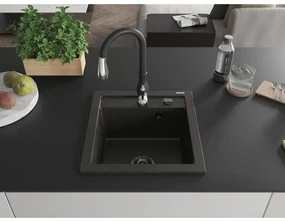 Mexen Vito, 1-komorový granitový drez 520x490x210 mm a drezová batéria Savita, čierna-zlatá metalíza, 6503-75-672601-70-B