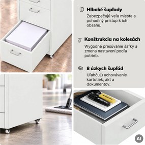 Kartotéková skrinka na kolieskach, kovová, 8 zásuviek, na dokumenty, biela, 300x1100x600 mm: SARA V8