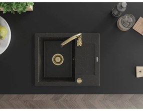 Mexen Enzo, granitový drez 576x465x174 mm, 1-komorový, čierna-zlatá metalíza so zlatým sifónom, 6506571005-75-G