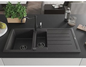 Mexen Andres, granitový drez 1000x500x200 mm, 1,5-komorový a drezová batéria Carla, čierna škvrnitá, 6515-76-670700-70-B