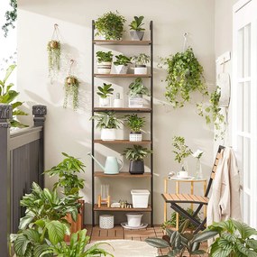 Regál so 6 policami, rebríková polica, rustikálna hnedá a čierna