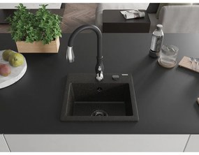 Mexen Milo, 1-komorový granitový drez 435x410x171 mm a drezová batéria Savita, čierna-zlatá metalíza, 6505-75-672601-70-B
