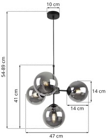 Závesné svietidlo Paris, 4x grafitové sklenené tienidlo