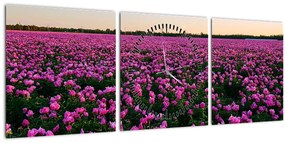 Obraz - Lúka fialových tulipánov (s hodinami) (90x30 cm)