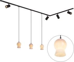 Moderný koľajnicový systém čierny so 4 bodovými svetlami a 3 bielymi závesnými svietidlami 1-fázový - Iconic Bell Jeana Luxe