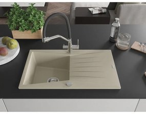 Mexen Cesar, 1-komorový granitový drez 775x470x190 mm a drezová batéria Duo, béžová, 6514-20-671701-70-B