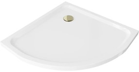 Mexen Flat, štvrťkruhová akrylátová sprchová vanička 100x100x5 cm SLIM, biela, zlatý sifón, 41101010G