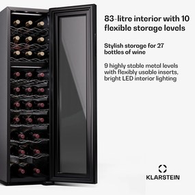 Klarstein Shiraz 27 Duo, chladnička na víno, 2 zóny, 83 l/27 fliaš, 5-18 / 5-18 °C, dotykové ovládanie