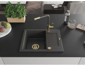 Mexen Enzo, 1-komorový granitový drez 576x465x174 mm a drezová batéria Flora, čierna škvrnitá, 6506-76-670401-75-G