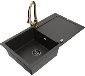 Mexen Leo, 1-komorový granitový drez 900x500x190 mm a drezová batéria Elia, čierna-zlatá metalíza, 6501-75-670101-50-B
